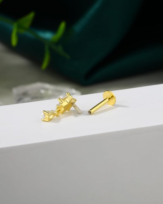 COCHARM 14K Gold Plated Cartilage Earrings Stud 16G Dangle Star 925 Sterling Silver Helix Tragus Earrings Surgical Steel Flat Back Earrings Dangly