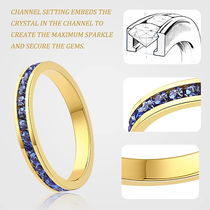 Muses Art Design Birthstone Eternity Band Ring 18K Gold Plated (Channel Set/Full Round), Stacking Fashion Ring with Crystal Birthstone