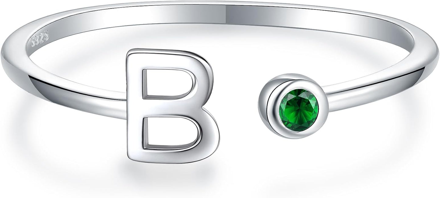925 Sterling Silver Initial Letter Birthstone Rings for Women Adjustable 1-12 Month Birthstone Alphabet Stacking Ring for Teens Girls Stackable Birthstone Rings Birthday Jewelry Gift for Daughter Mom
