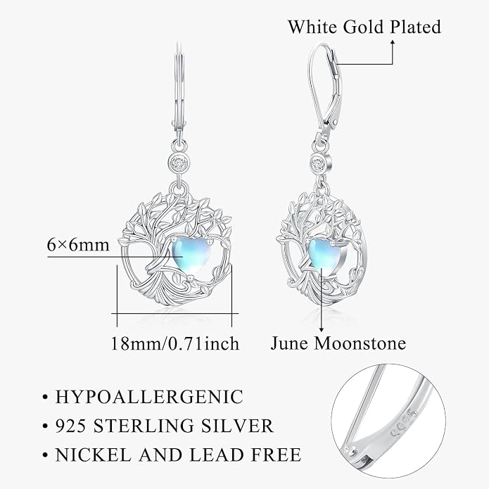 Odinstone 925 Sterling Silver Earrings Tree of Life Teardrop Moonstone Dangle Drop Leverback Earrings for Women