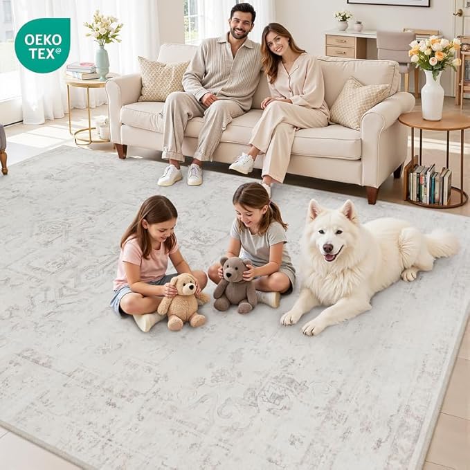 10x12 Area Rug for Living Room: Vintage Boho Neutral Washable Rug Indoor Soft Large Area Rug Carpet for Bedroom Nursery Farmhouse Dining Room Office Floor Non-Slip Low Pile Under Table Neutral Cream