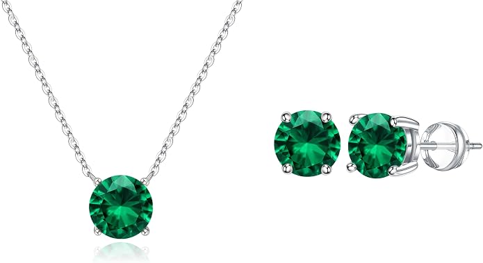 Ursilver Round Birthstone Necklace and Birthstone Earrings for Women sets - S925 Sterling Silver 12 Months Birthstone Necklace for Women Girls Jewelry Birthday Gifts