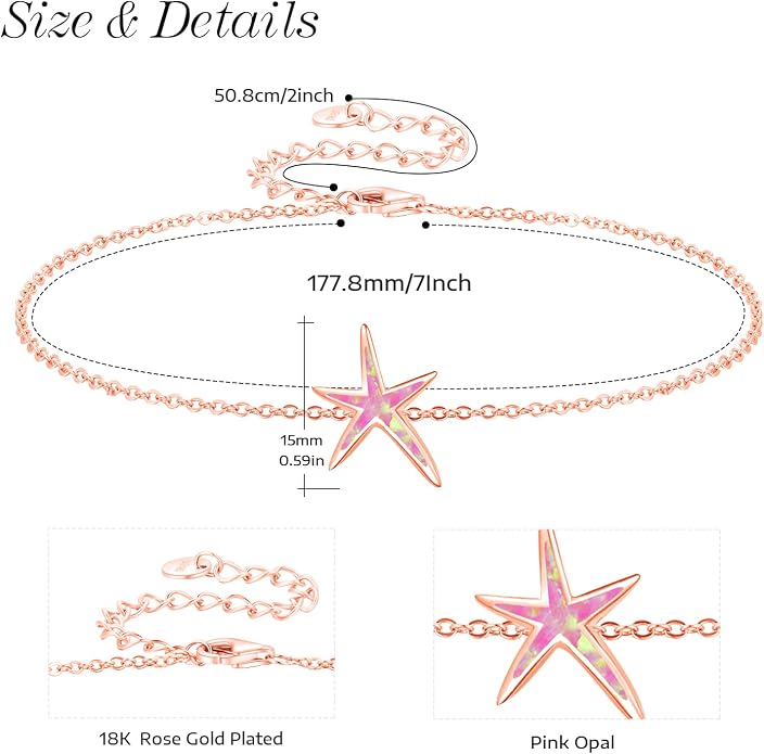 Cuoka Starfish Bracelet 925 Sterling Silver with White Fire Opal Chain Bracelets Ocean Jewelry Birthday For Women
