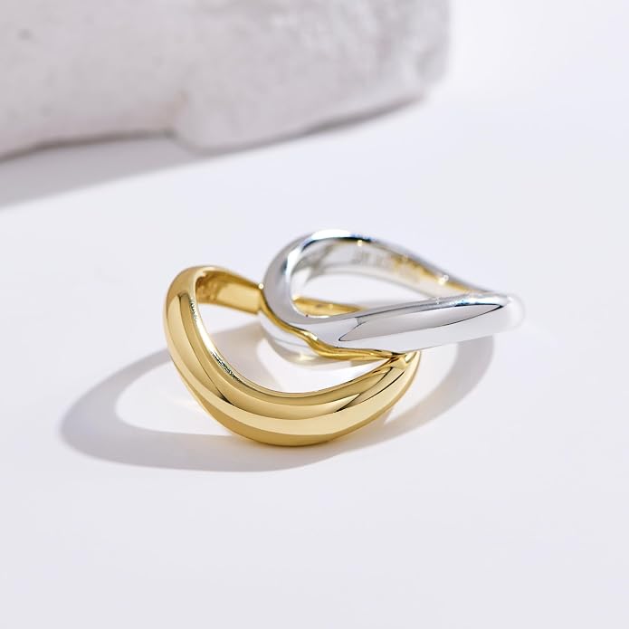 NOKMIT Chunky Wavy Dome Rings for Women, 14K Gold Filled Thick Curved Band | Statement Bold Wave Band | Stackable Thumb Ring | Hypoallergenic & Non-tarnish | Comfort Fit Size 6-10