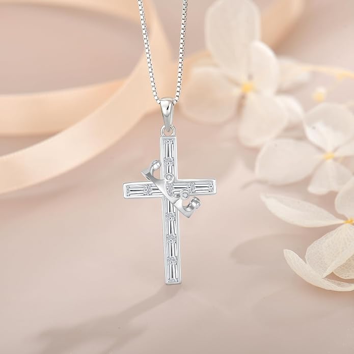 Gemstone Crown Cross Necklaces for Women, 925 Sterling Silver Rectangular cut Zircon Pendant With Rotated Crown Faith Cross Jewelry Gift