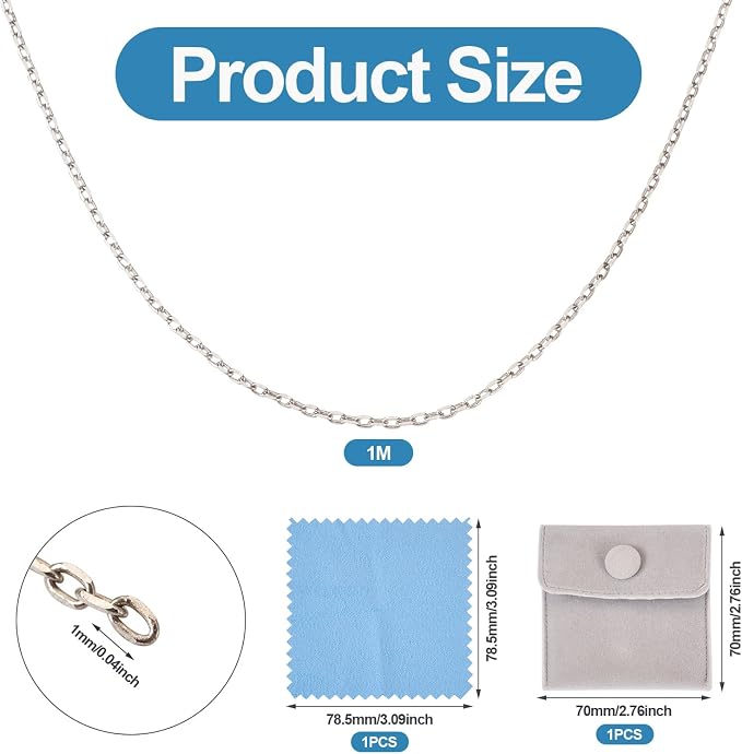 Elecrelive 925 Sterling Silver Cable Chain 3.28 Feet Unwelded Necklace Chains with Jewelry Cleaning Cloth Velvet Storage Bag for Men Women Jewelry Chain DIY Making