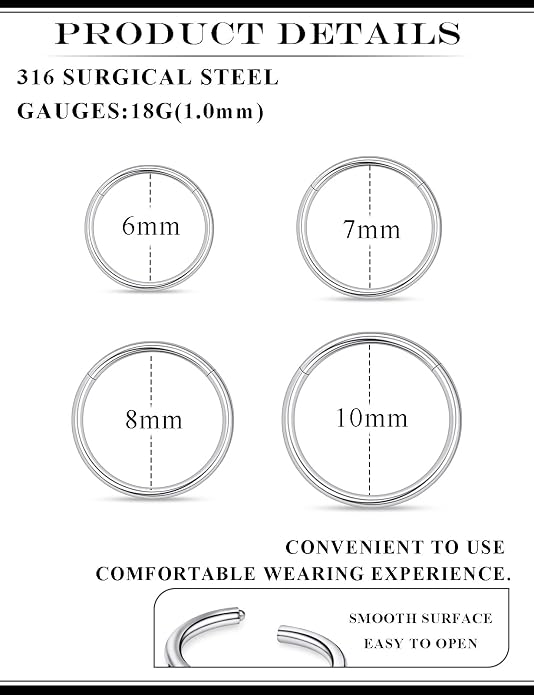 20G 18G 16G 14G 12G 10G 8G 6G Nose Rings Hoops 316l Surgical Steel Clicker Septum Lip Ring Tragus Helix Daith Rook Conch Snug Cartilage Lobe Earrings Hoop Piercing Jewelry For Women Men