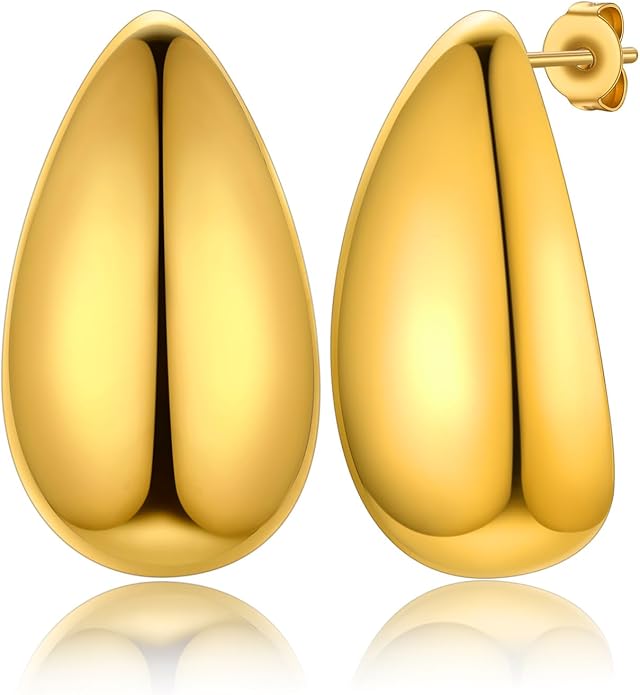 KeyStyle Chunky Gold Hoop Earrings for Women Trendy, Stainless Steel TearDrop Hoops Earring, Lightweight Water Drop Ear Jewerly