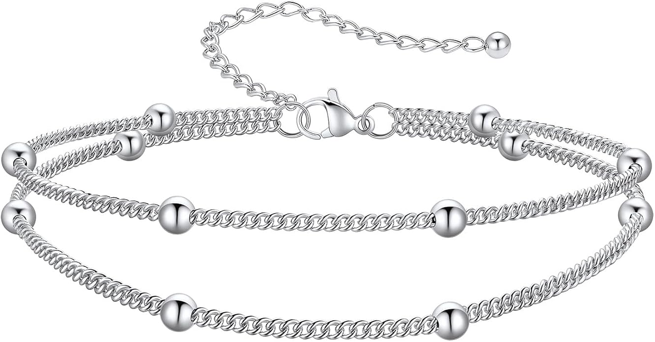 PROSTEEL Ankle Bracelets for Women Waterproof, Layered Stainless Steel Summer Beach anklets, Silver/Gold 8-10.5 Inch Adjustable, Come with Box