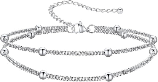 PROSTEEL Ankle Bracelets for Women Waterproof, Layered Stainless Steel Summer Beach anklets, Silver/Gold 8-10.5 Inch Adjustable, Come with Box