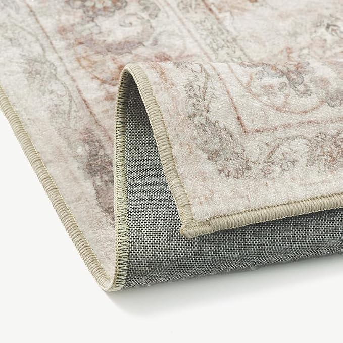 PureCozy 3x5 Area Rug Entryway Beige Washable Vintage Carpet Office Small Indoor Non Slip Soft Low Pile Thin Stain Resistant Distressed Accent Throw Rug for Entrance Bedroom Dining Living Room
