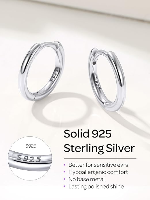ChicSilver Sterling Silver Hoop Earrings for Women Hypoallergenic 925 Sterling Silver Huggie Earrings for Women Dainty Earring (8/10/12/14/16/18/20MM)
