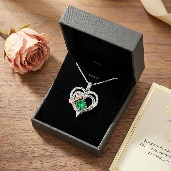 Birthstone Heart Necklaces for Women 925 Sterling Silver Fine Jewelry Rose Pendant Necklace Anniversary Birthday Mothers Day Gifts Her Wife Women Mom Daughter