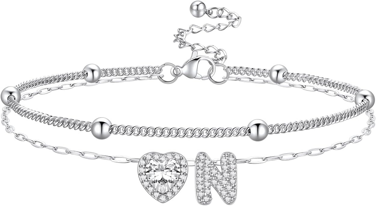 Bestyle Initial Anklet Bracelets for Women Waterproof Non Tarnish 14K Gold/White Gold Plated CZ Anklets for Women Dainty Layered Letter Heart Ankle Bracelets Adjustable Foot Chain Anklet