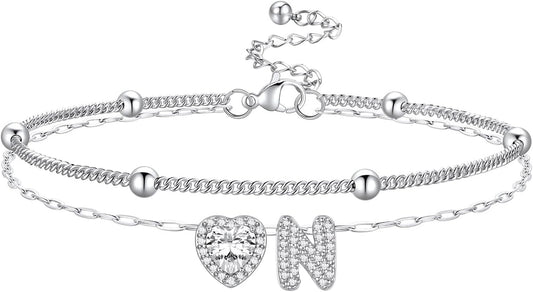 Bestyle Initial Anklet Bracelets for Women Waterproof Non Tarnish 14K Gold/White Gold Plated CZ Anklets for Women Dainty Layered Letter Heart Ankle Bracelets Adjustable Foot Chain Anklet