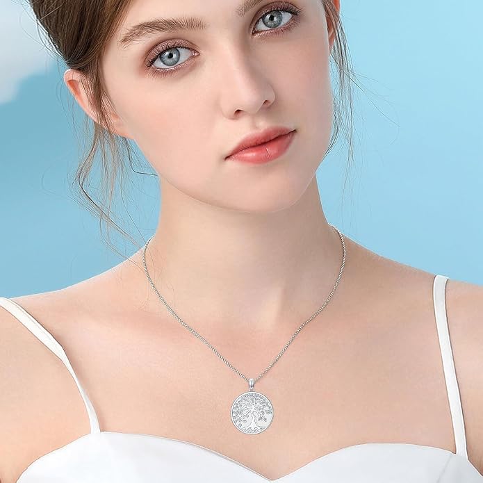 Aniu Tree of Life Necklace for Women, 925 Sterling Silver Mother of Pearl Family Palm Tree Charm Pendant Jewelry for Birthday Christmas Gift