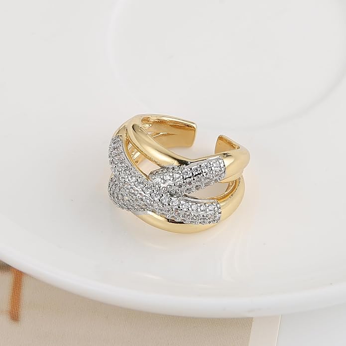 HZMAN 14K Gold Plated Brass Open Ring Collection for Women, Non-Adjustable Crystal Inlay Statement Rings, Wide Band Cocktail Jewelry Assorted Styles