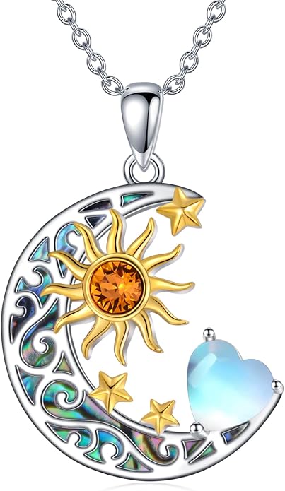AOBOCO 925 Sterling Silver Sun and Moon Star Pendant Necklace with Simulated Birthstone, Birthday Christmas Jewelry Gift for Women Teen Girls