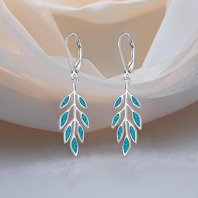 Leaf Earrings for Women Sterling Silver Opal Dangle Earrings Nature Green Blue Opal Drop Leaf Abalone Shell Jewelry Gifts