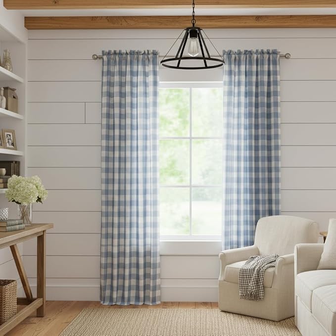 90 Inches Long Beige-Dusty Blue Buffalo Plaid Semi Sheer Curtains | Farmhouse Drapes for Living Room Bedroom,Retro Gingham Rod Pocket Window Treatment,Yarn Dyed Fabric,40"Wx90"L,2 Panels