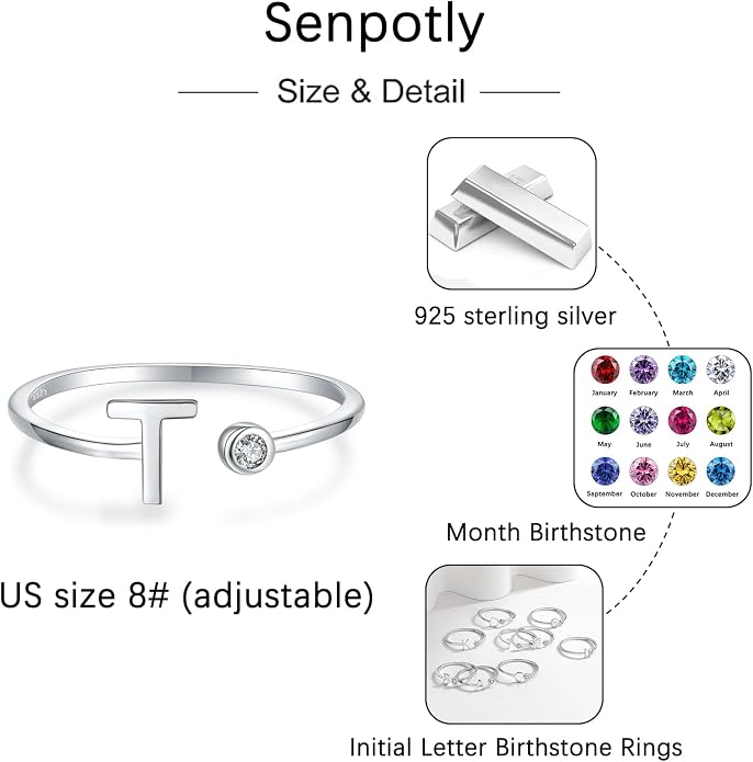 925 Sterling Silver Initial Letter Birthstone Rings for Women Adjustable 1-12 Month Birthstone Alphabet Stacking Ring for Teens Girls Stackable Birthstone Rings Birthday Jewelry Gift for Daughter Mom