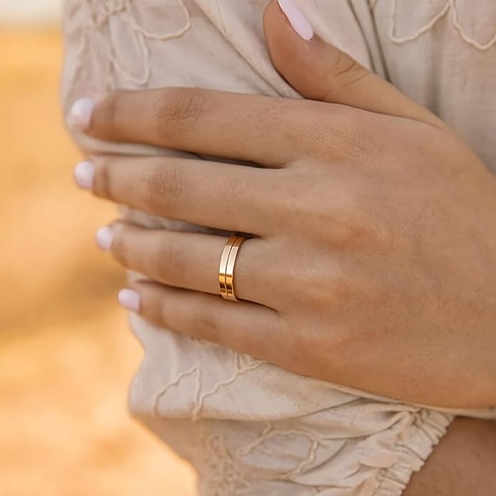 NOKMIT 5mm 14K Gold Filled Rings for Women Girls Dainty Thick Wedding Band Couple Anniversary Engagement Thumb Ring Gifts High Polished Plain Flat Cigar Band Tarnish Resistant Comfort Fit Size 4 to 11
