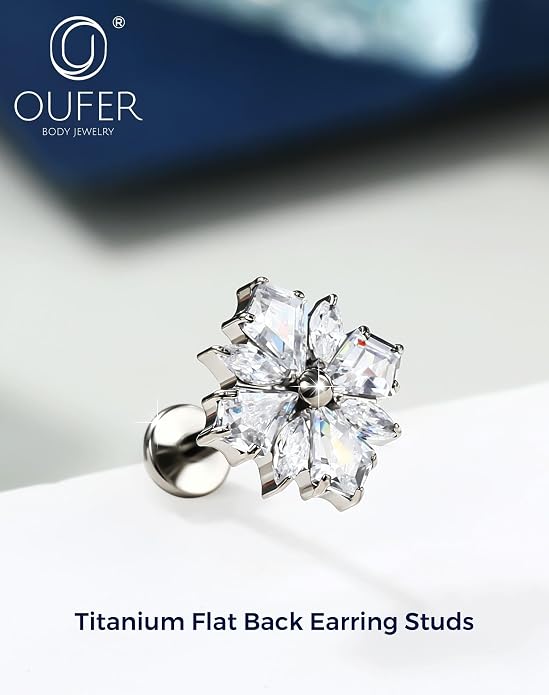 OUFER Body Piercing Titanium Cartilage Earrings 16G Flower Helix Earrings for Women Internally Thread Tragus Piercing Jewelry 8MM Conch Helix Tragus Stud Flat Back Cartilage Piercings for Women