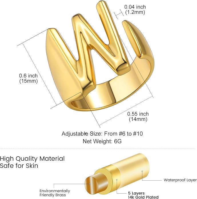 KeyStyle Bold Initial Letter Rings Adjustable, GoldChic Jewelry Women Gold Statement Ring Personalized Engraved Women’s Open Signet Ring for Party (Gold, White Gold, Black)