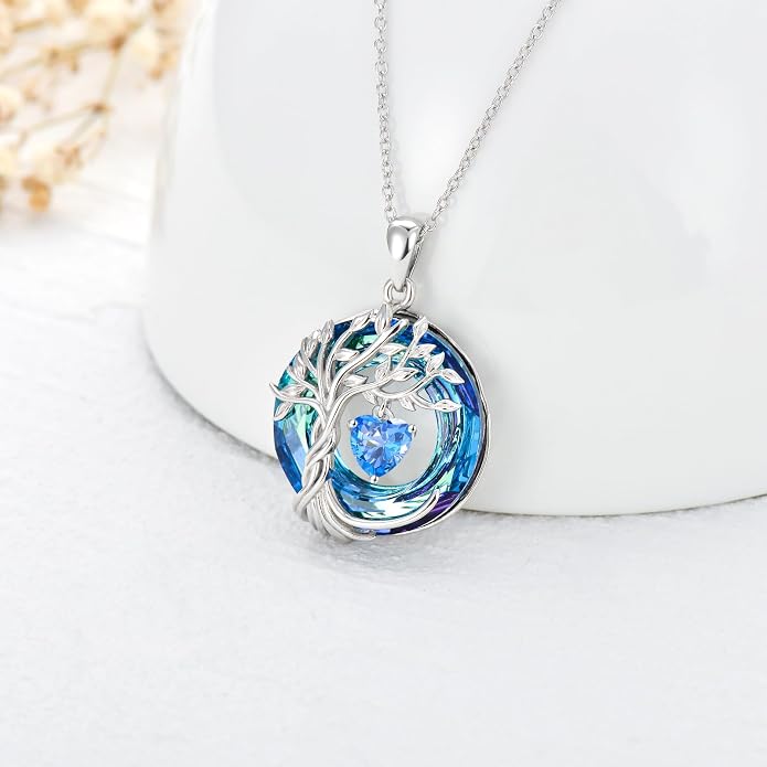 TOUPOP Tree of Life Birthstone Necklaces 925 Sterling Silver Irish Celtic Tree Pendant with Blue Crystal Birthday Jewelry Gifts for Women Mom Wife Her