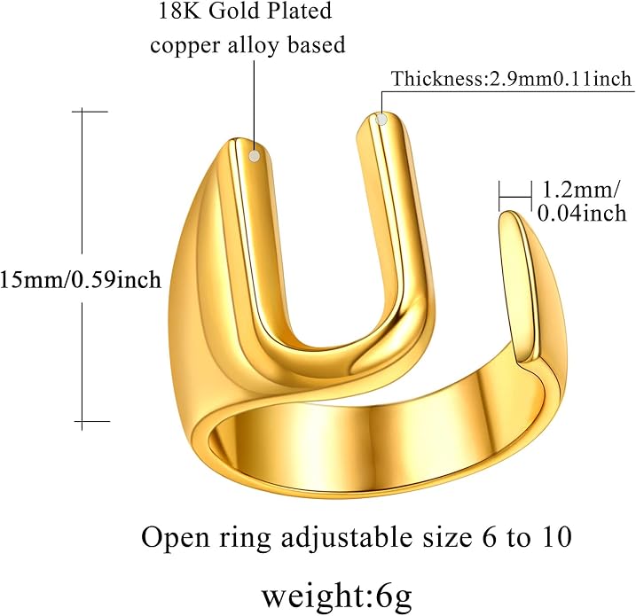 FindChic Customizable Initial Ring Statement 18K Gold Plated Fashion Cuff Rings for Women Alphabet Letter A to Z Resizable Knuckle Ring (with Gift Box)