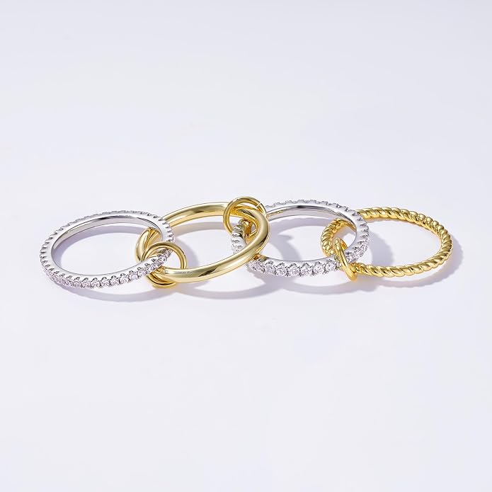 KissYan Stackable Rings for Women, 14k Gold Plate Interlocked Multi Ring Set Dainty Pave CZ Personalized Fashion Two-Toned Mixed Metals Stacking Jewelry Trendy Statement Gift