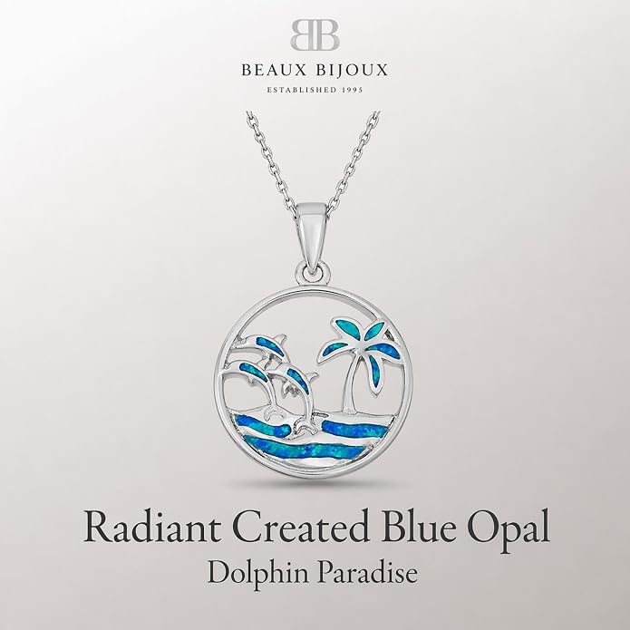 Created Blue Opal Ocean Necklace for Women, 925 Sterling Silver Pendant, 18 Inch Chain, Beach and Sea Life Jewelry Collection