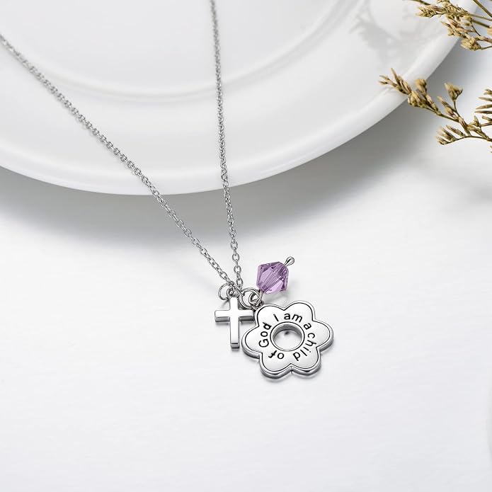 AOBOCO 925 Sterling Silver I Am a Child of God Daisy Necklace Jewelry Birthday Birthday Baptism Communion Gifts for Girls