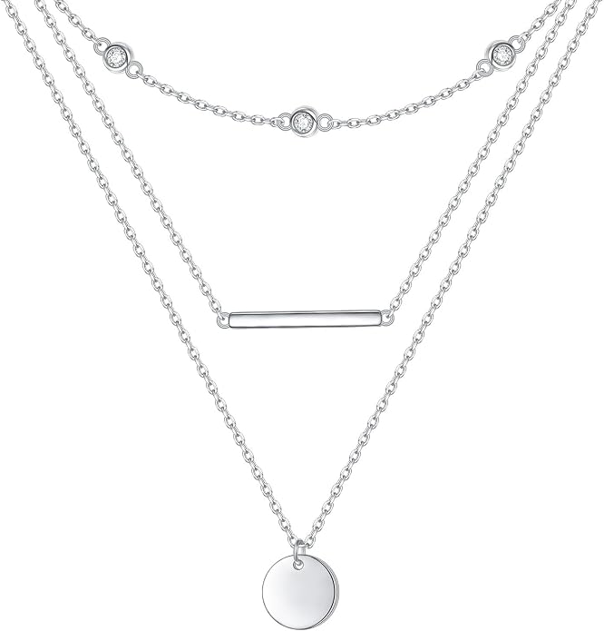 Layered Choker Necklaces for Women S925 Sterling Silver Circle/Heart/Cross/Star Multi Layered Necklace Handmade Bead Chain Adjustable Jewelry for Birthday