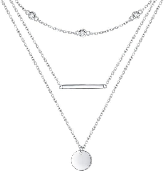 Layered Choker Necklaces for Women S925 Sterling Silver Circle/Heart/Cross/Star Multi Layered Necklace Handmade Bead Chain Adjustable Jewelry for Birthday