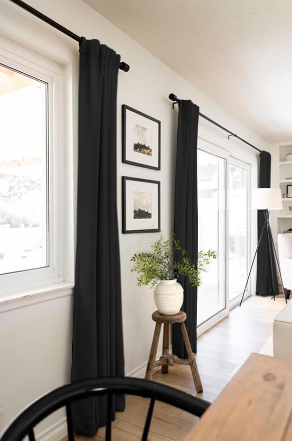 100% Blackout Shield Linen Blackout Curtains for Bedroom 90 Inches Long, Back Tab/Rod Pocket Living Room Drapes, Thermal Insulated Blackout Curtains 2 Panels Set, 42" W x 90" L, Black
