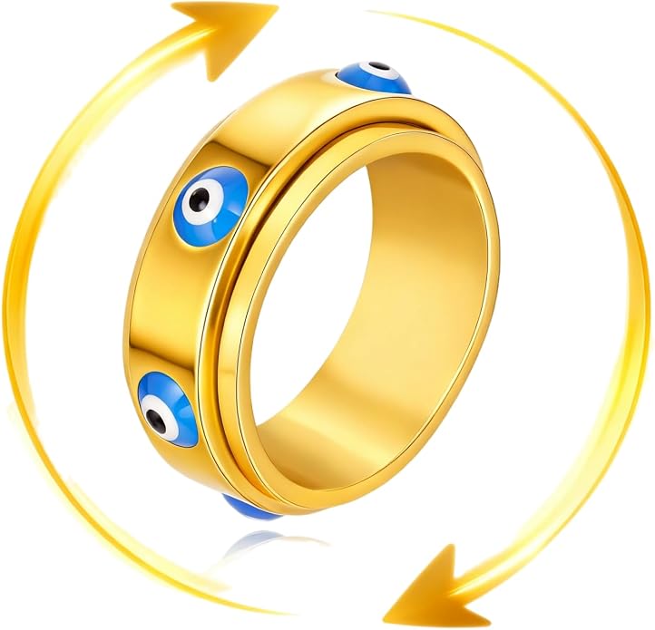 Evil Eye Fidget Ring for Women - 18K Gold Plated Stainless Steel Spinner Rings for Anxiety Relief, Ojo Turco Ring Luck Amulet, Turkish Faith Protection Stackable Jewelry Gift for Women Men (Gold, 6) (L, 5) (7)
