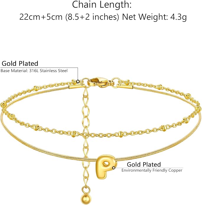 ChainsProMax Initial Ankle Bracelets for Women, Waterproof Anklets Bracelet Adjustable Summer Beach Women Foot Jewelry, Stainless Steel/Gold Plated-Send Gift Box/Letter A-Z