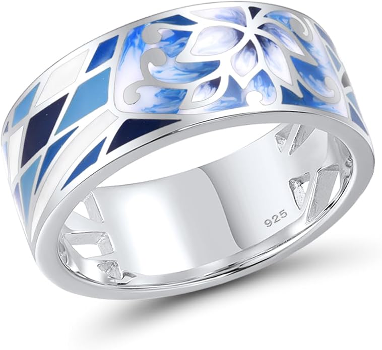 Santuzza 925 Sterling Silver Enamel Flower Pattern Ring for Women