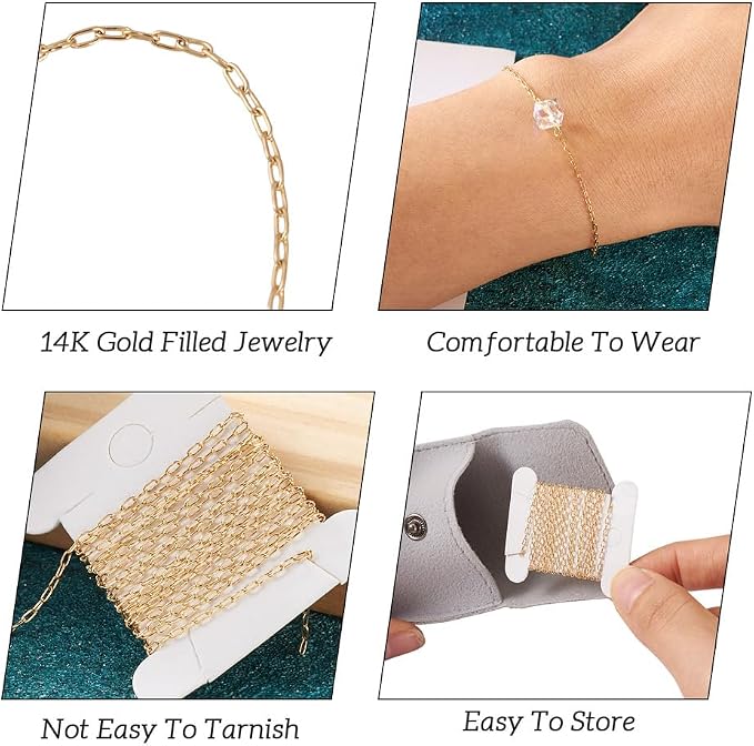 Elecrelive 3.28 Ft 14K Gold Filled Paperclip Chains Brass Permanent Jewelry Chains 2.5mm Oval Link Cable Chains with 1 Square Velvet Bag for Women's Trendy Layering Necklace Bracelet Making