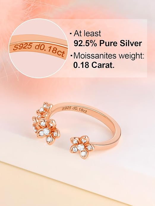 Moissanite Flower/Butterfly/Star Pretty Open Ring for Women, Adjustable Ring, Solid 925 Sterling Silver with Gold Plated, Stackable Ring, Birthday Valentines Anniversary Mothers Day Ideal Gift for Her