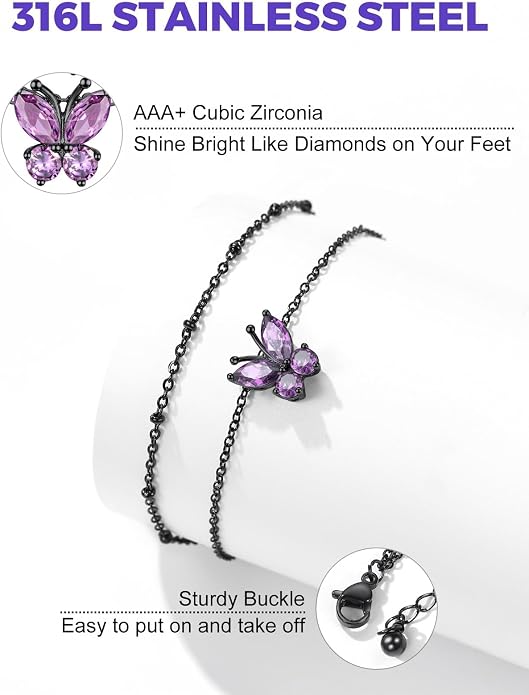 Richsteel Double Layer Heart/Butterfly Birthstone Anklet for Women Non Tarnish Waterproof, Silver/Gold/Black Stainless Steel 8.5-10.5 Inch Adjustable Chain Anklets Jewelry Gifts for Her