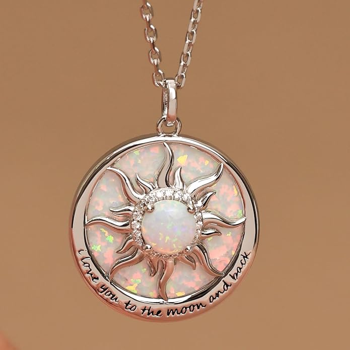 FANCIME Sunflower Necklace with Engraved Messgae 925 Sterling Silver Opal Gemstone Pendant Fine Jewelry Anniversary Birthday Gifts for Women Mom Wife Her, Chain Length 16+2 Inch