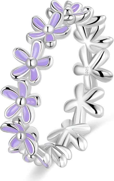 S925 Sterling Silver Dainty Daisy Flower Rings for Women, I Think Of You Every Daisy, 12 Month Birth Flower Ring