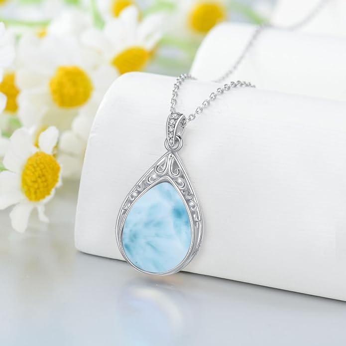 HPQQ Teardrop Necklace 925 Sterling Silver Filigree Gemstone Pendant Necklace Fine Jewelry Birthday Mother's Day Gifts for Women Her Mom