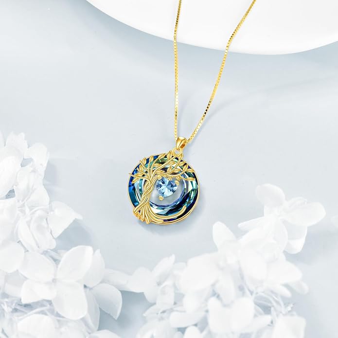 POPLYKE Mothers Day Gifts for Mom Her Wife Tree of Life Necklace 925 Sterling Silver Birthstone Pendant with Crystal Anniversary Birthday Wedding Jewelry for Women