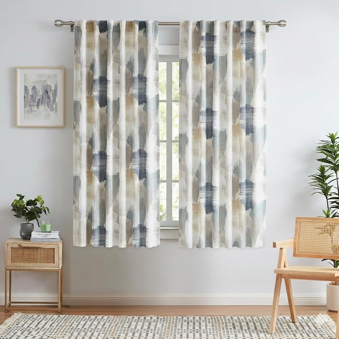Kayne Studio Blue Brown Watercolor Semi Sheer Curtain Panels, Boho Ink Geo Print Light Filtering Farmhouse Drapes for Living Room Bedroom, Back Tab Rod Pocket Window Treatment Set,W52 x L63,2 Panels