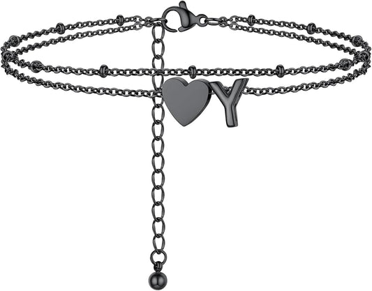 Initial Ankle Bracelets for Women, Dainty Stainless Steel Letter A-Z Layered Anklets, Heart Ankle Bracelet 8.5"-10.5" Adjustable, Summer Beach Jewelry, Come with Box
