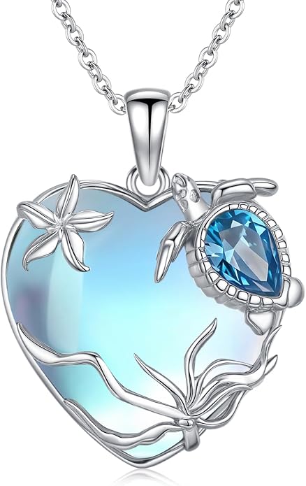 Sea Turtle/Seaweed Necklace for Women 925 Sterling Silver Heart of the Ocean Moonstone Pendant Necklace Turtle Moonstone Jewelry Gift for Wife Mom