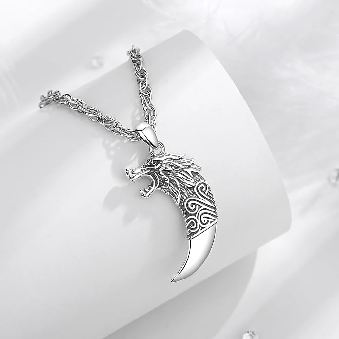 925 Sterling Silver Viking Wolf Mjolnir Necklace for Men Women, Viking Runes Wolf Tooth Witch Celtic Knot Amulet Protection Pendant Nordic Norse Mythology Jewelry Gift for Men Women